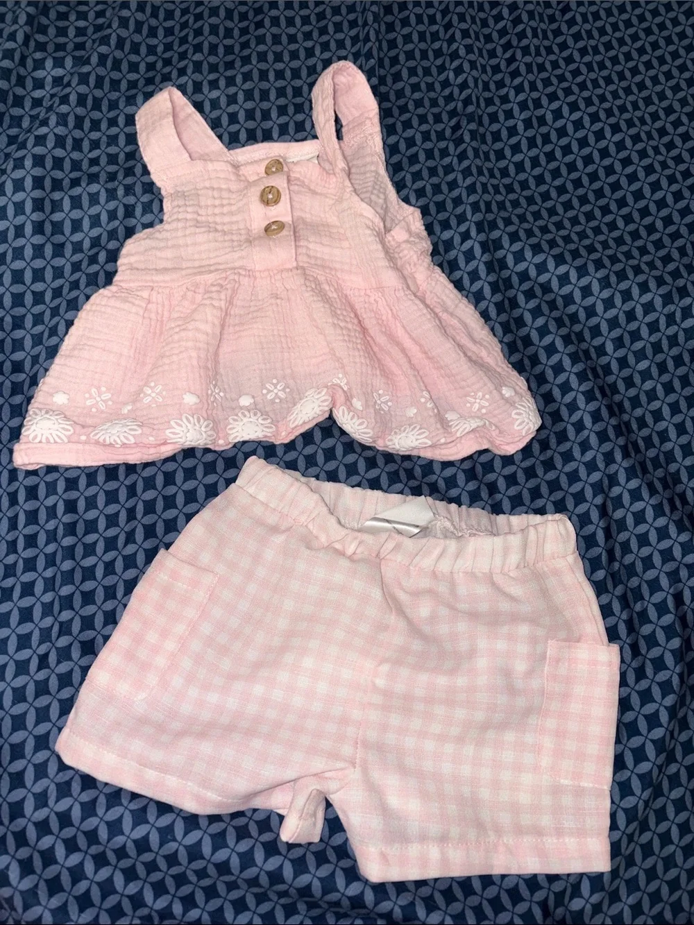 Little Girls Pink Embroidered Tank & Gingham Shorts Set